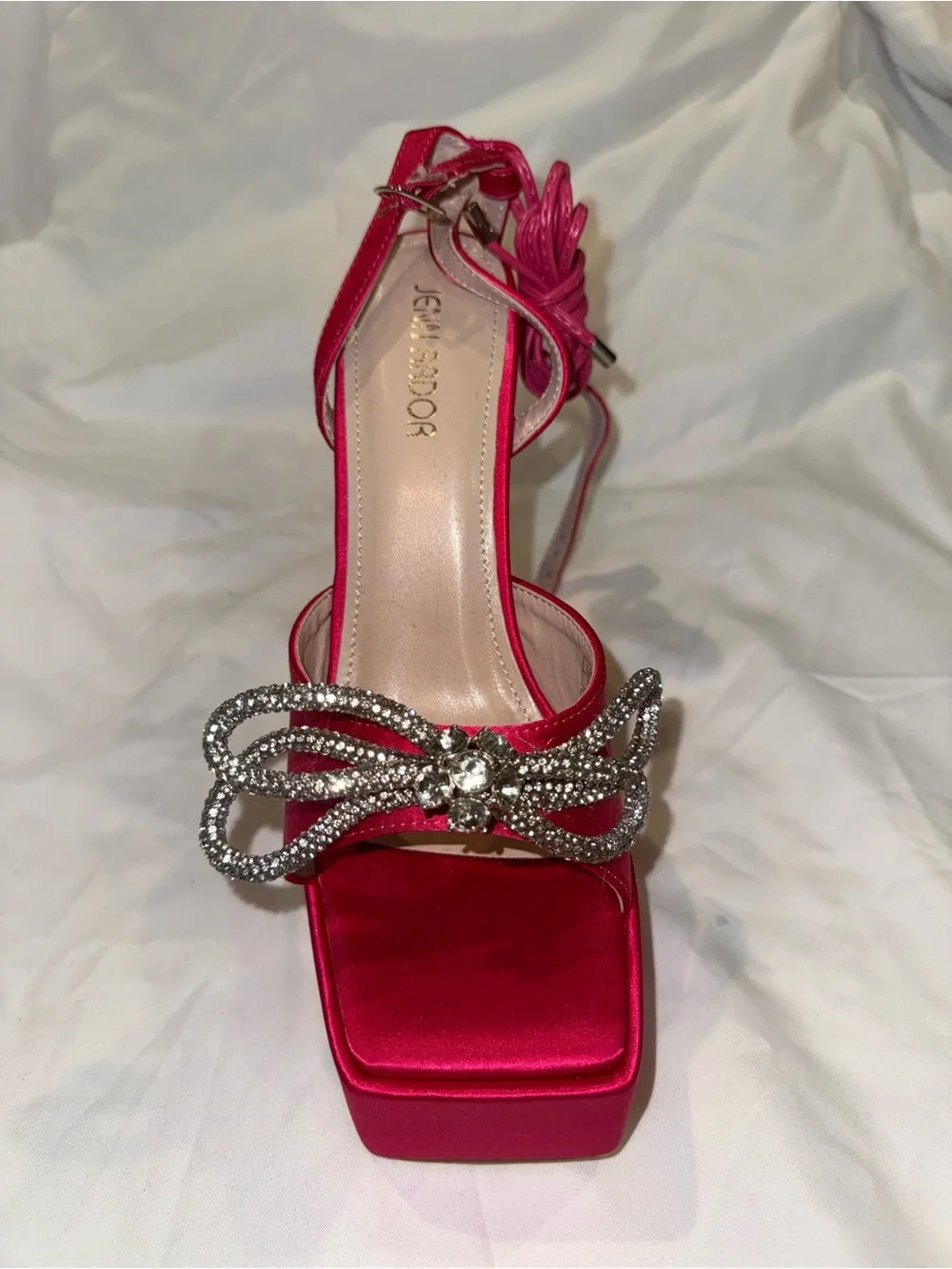 SHEIN Hot Pink Satin Platform Heeled Sandals with Crystal Bow